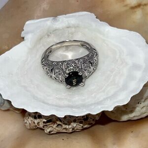 Black Spinel Ring W/White  Zircon Accents 925 Size 10 5.19g Never Worn Beauty